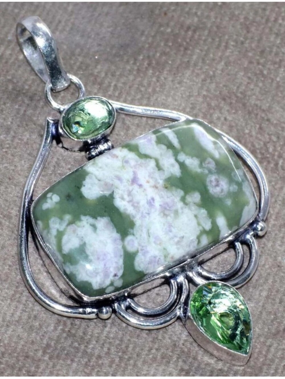 Peace Jade, Tsavorite Garnet Gemstone 925 Sterling Silver Pendant Necklace